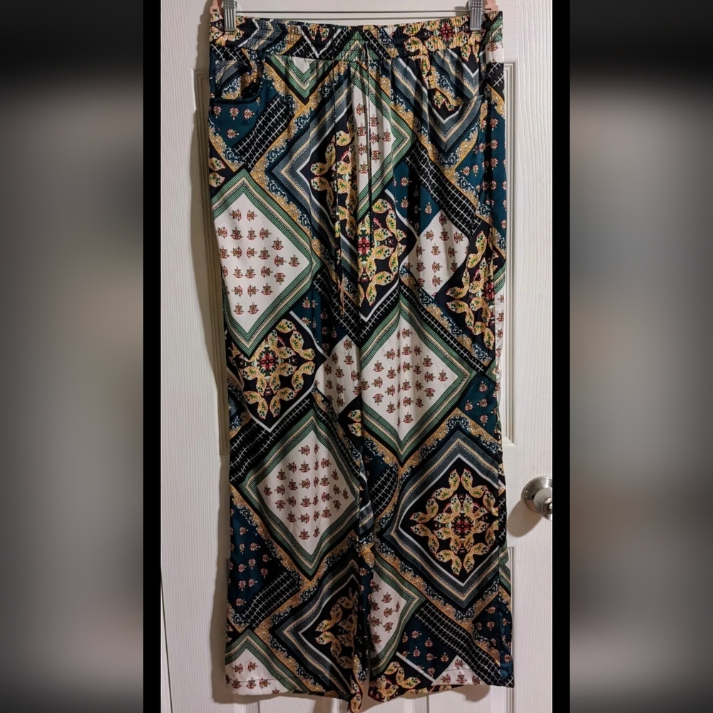 TWIN Colorful Bandana Print Satin Pants L Casual Pajama Style Festival
